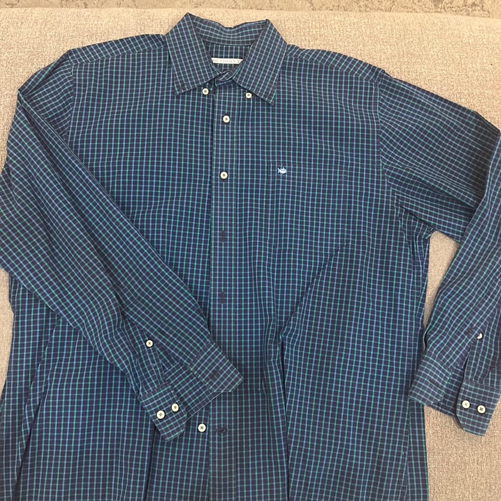Southern Tide Navy Plaid Button Down Shirt, Large